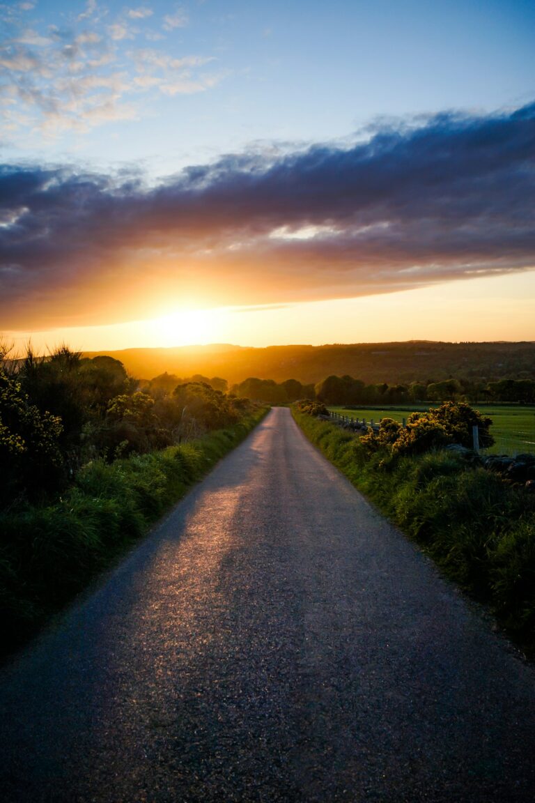 A country road leading into the sunrise